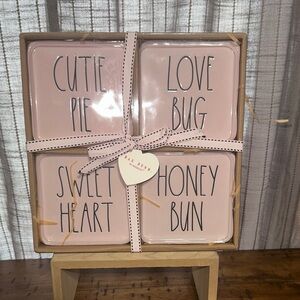 Rae Dunn Pink Ceramic Coaster Set with Sweet Phrases